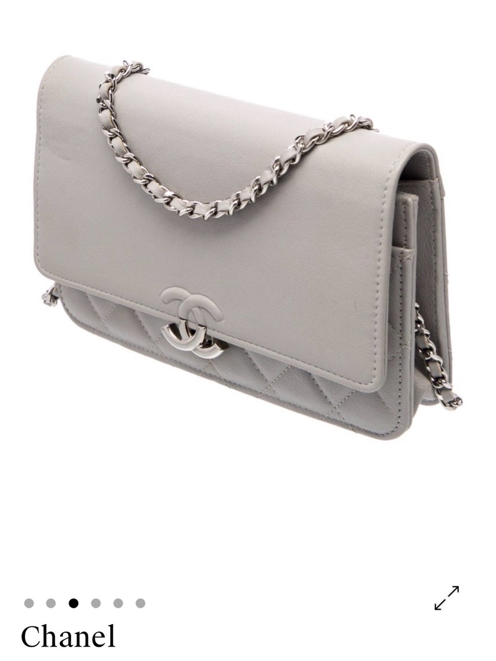 CHANEL Silver Quilted Leather wallet on a chain